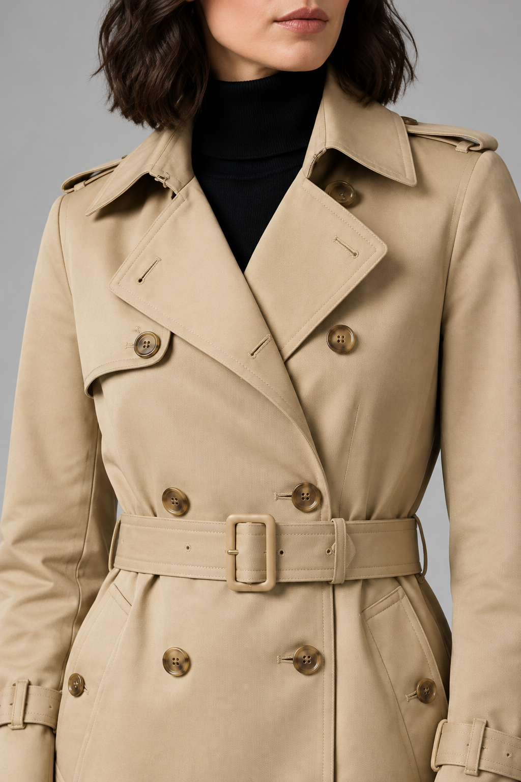 A close-up of a model wearing a classic beige trench coat over a black turtleneck. The coat features a double-breasted design with brown buttons, a matching belt with a rectangular buckle, and shoulder epaulets, photographed against a neutral gray background.