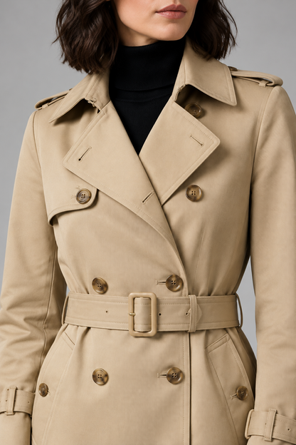 A close-up of a model wearing a classic beige trench coat over a black turtleneck. The coat features a double-breasted design with brown buttons, a matching belt with a rectangular buckle, and shoulder epaulets, photographed against a neutral gray background.