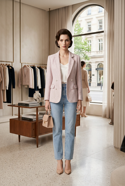 A woman stands against a plain light beige studio background wearing a light pink textured blazer over a white top, light blue jeans, nude heels, and holding a small beige handbag.