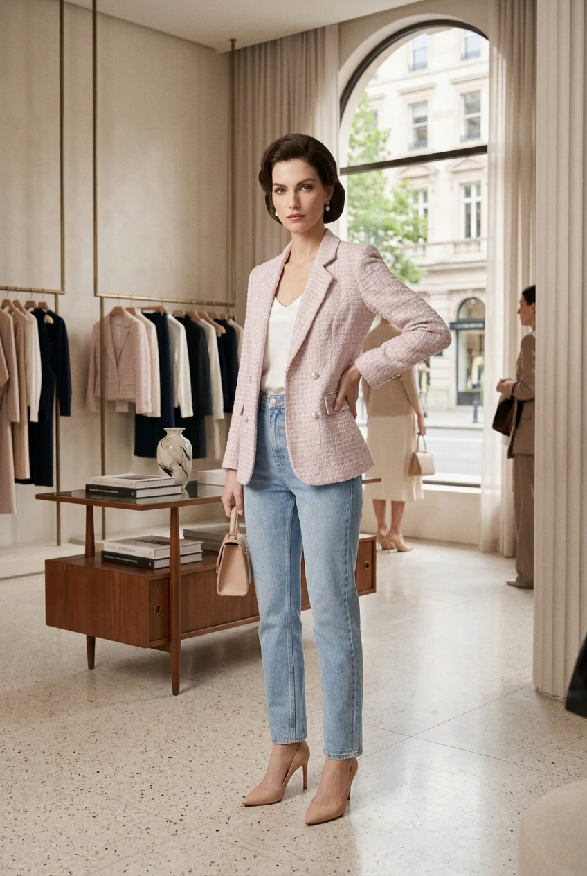 A woman stands in a boutique wearing a light pink textured blazer over a white top, paired with light blue jeans and beige heels, holding a small beige handbag.