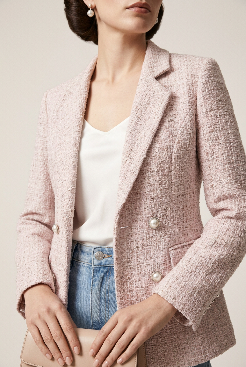 A woman stands against a plain light beige studio background wearing a light pink textured blazer over a white top, light blue jeans, nude heels, and holding a small beige handbag.