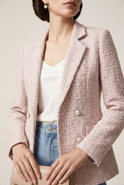 A woman stands against a plain light beige studio background wearing a light pink textured blazer over a white top, light blue jeans, nude heels, and holding a small beige handbag.