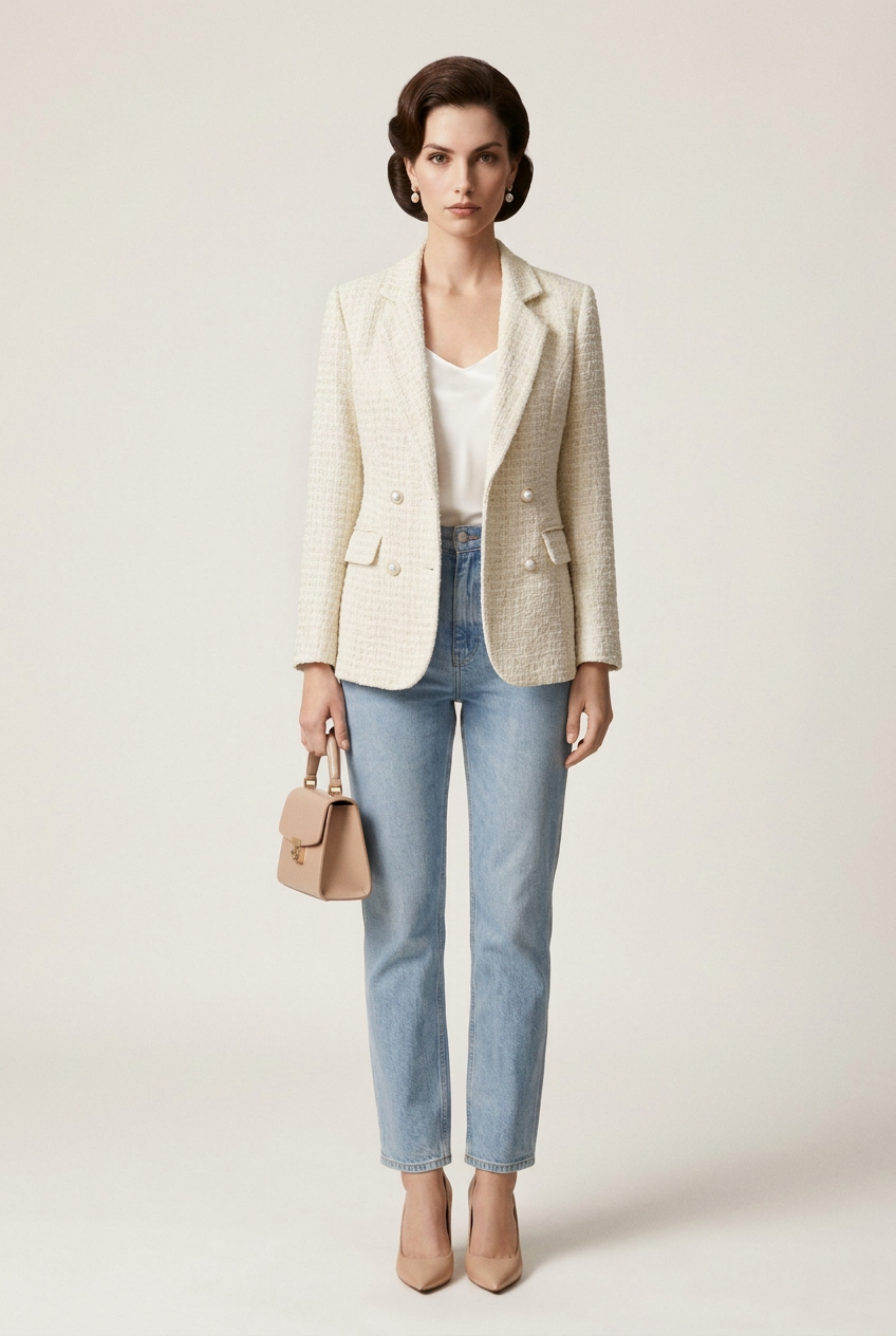 A woman stands against a plain light beige studio background wearing a light pink textured blazer over a white top, light blue jeans, nude heels, and holding a small beige handbag.