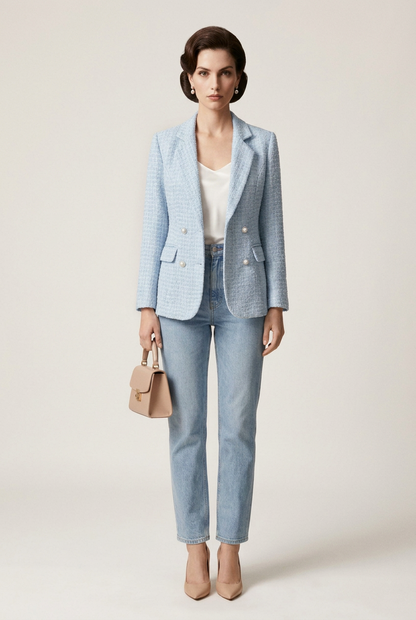 A woman stands against a plain light beige studio background wearing a light pink textured blazer over a white top, light blue jeans, nude heels, and holding a small beige handbag.