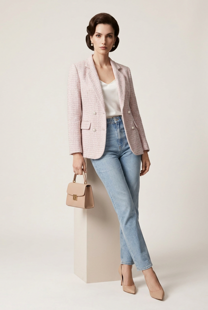 A woman stands against a plain light beige studio background wearing a light pink textured blazer over a white top, light blue jeans, nude heels, and holding a small beige handbag.