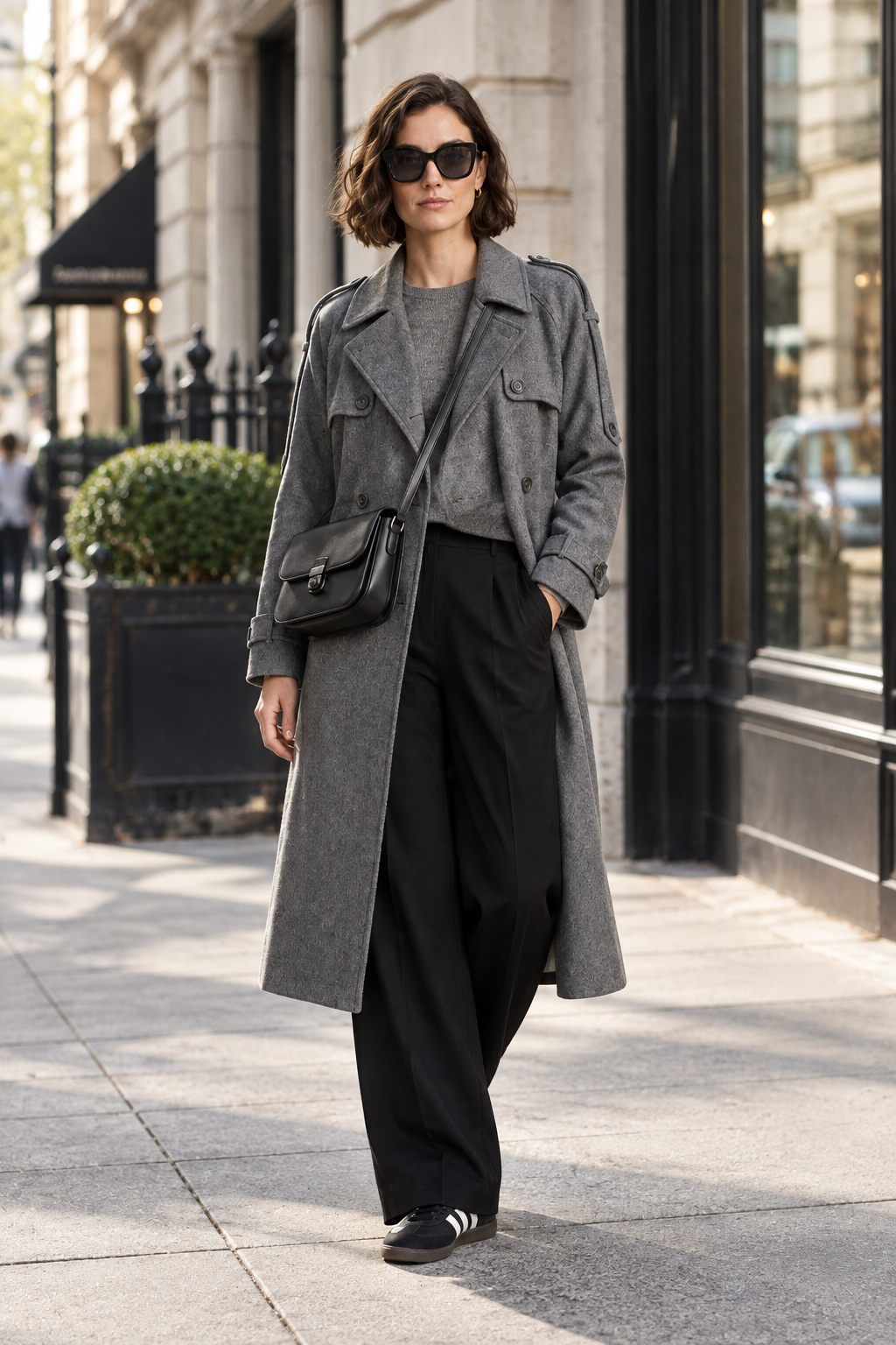 A model wearing a long gray double-breasted coat over a gray top and black wide-leg trousers, accessorized with a black crossbody bag and black sneakers, photographed against a light gray studio background.