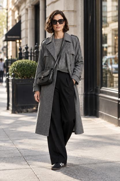 A model wearing a long gray double-breasted coat over a gray top and black wide-leg trousers, accessorized with a black crossbody bag and black sneakers, photographed against a light gray studio background.