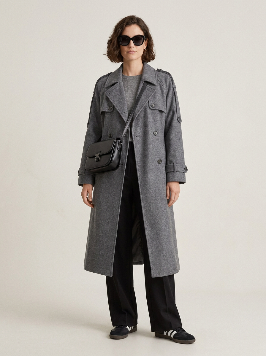 A model wearing a long gray double-breasted coat over a gray top and black wide-leg trousers, accessorized with a black crossbody bag and black sneakers, photographed against a light gray studio background.