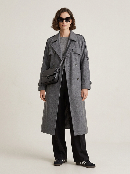 A model wearing a long gray double-breasted coat over a gray top and black wide-leg trousers, accessorized with a black crossbody bag and black sneakers, photographed against a light gray studio background.