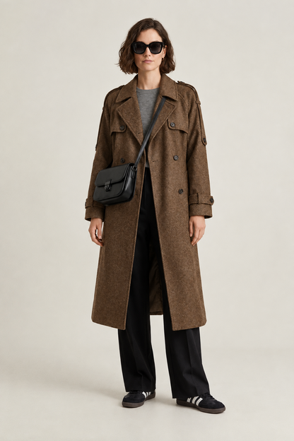 Double-Breasted Wool Blend Longline Trench Coat in Brown, studio shot