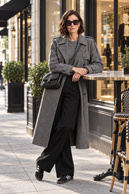 A woman stands on a city sidewalk wearing a long gray trench coat over a gray top, black wide-leg pants, black sneakers, and a black crossbody bag.