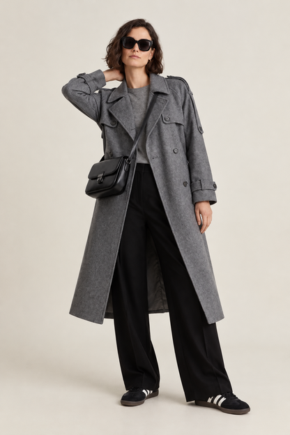 A model wearing a long gray double-breasted coat over a gray top and black wide-leg trousers, accessorized with a black crossbody bag and black sneakers, photographed against a light gray studio background.