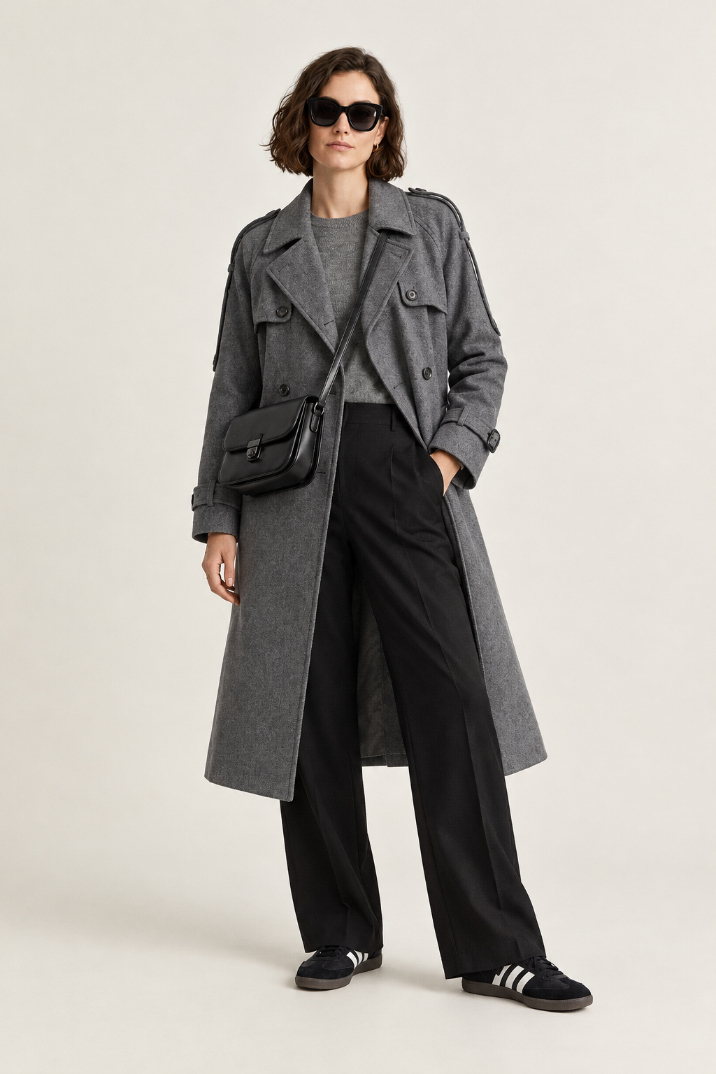 A model wearing a long gray double-breasted coat over a gray top and black wide-leg trousers, accessorized with a black crossbody bag and black sneakers, photographed against a light gray studio background.