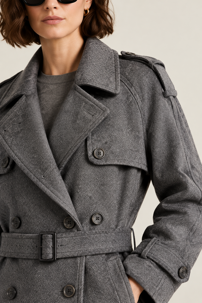 A model wearing a long gray double-breasted coat over a gray top and black wide-leg trousers, accessorized with a black crossbody bag and black sneakers, photographed against a light gray studio background.