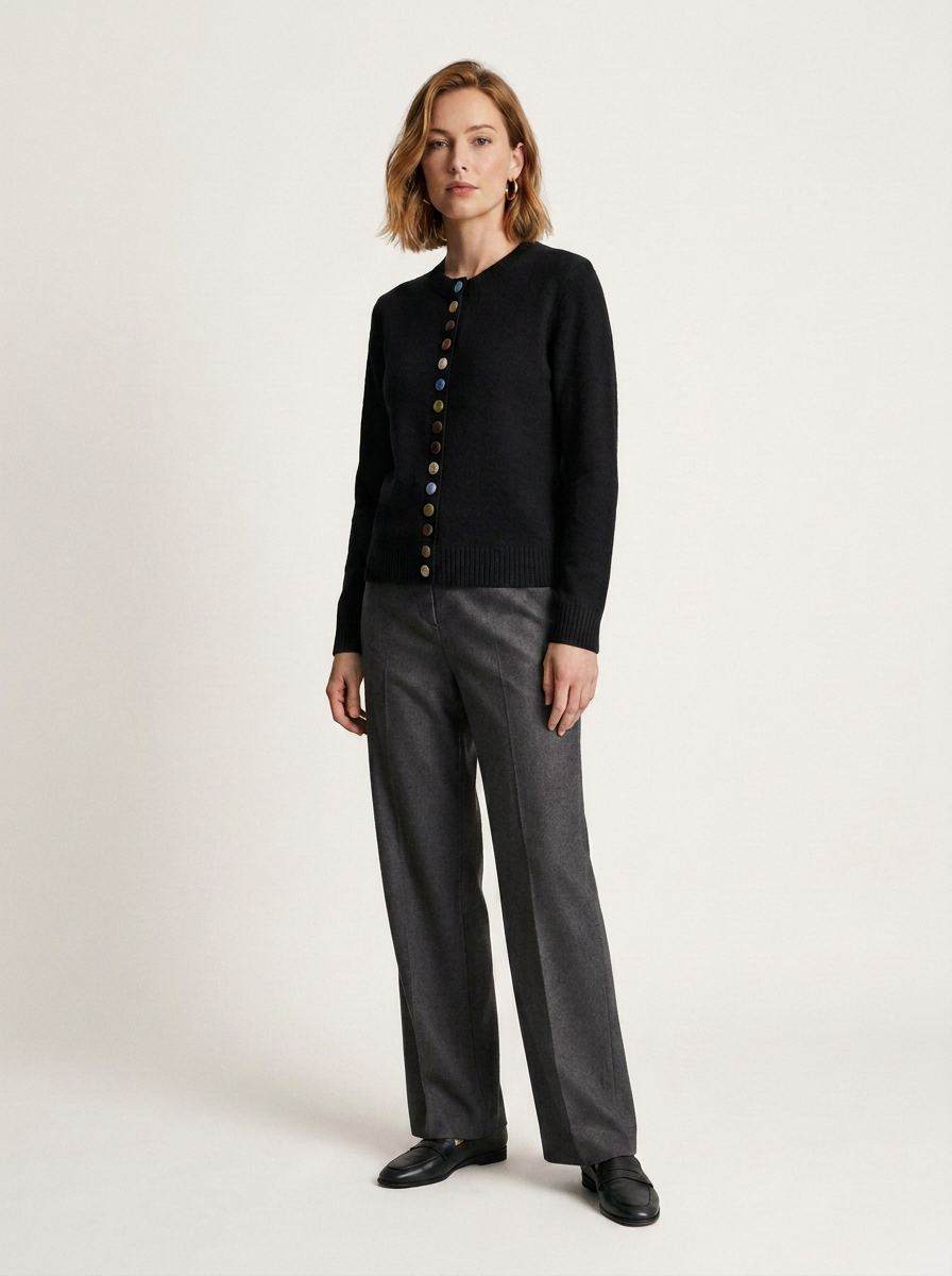 Multi-Button Crew Neck Knitted Cardigan in Black