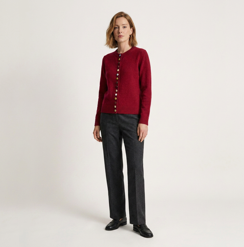 Multi-Button Crew Neck Knitted Cardigan in Red