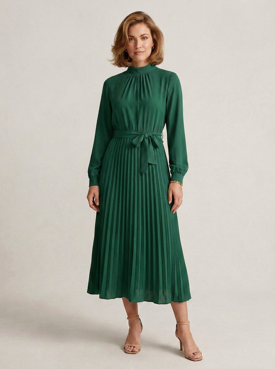 Long Sleeve Pleated Midi Dress with Tie Waist and High Neck in Green