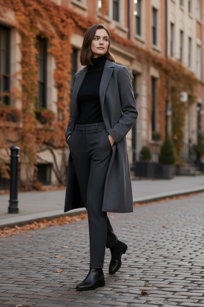 A woman stands on a cobblestone street wearing a long charcoal gray tailored coat over a black turtleneck, matching dark gray trousers, and black ankle boots. The background shows a softly blurred urban street scene with brick buildings and autumn foliage.