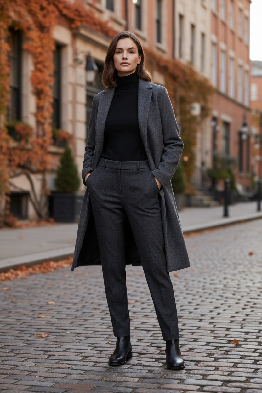 A woman stands on a cobblestone street wearing a tailored gray overcoat, matching gray trousers, a black turtleneck, and black ankle boots, with blurred urban buildings and autumn foliage in the background.
