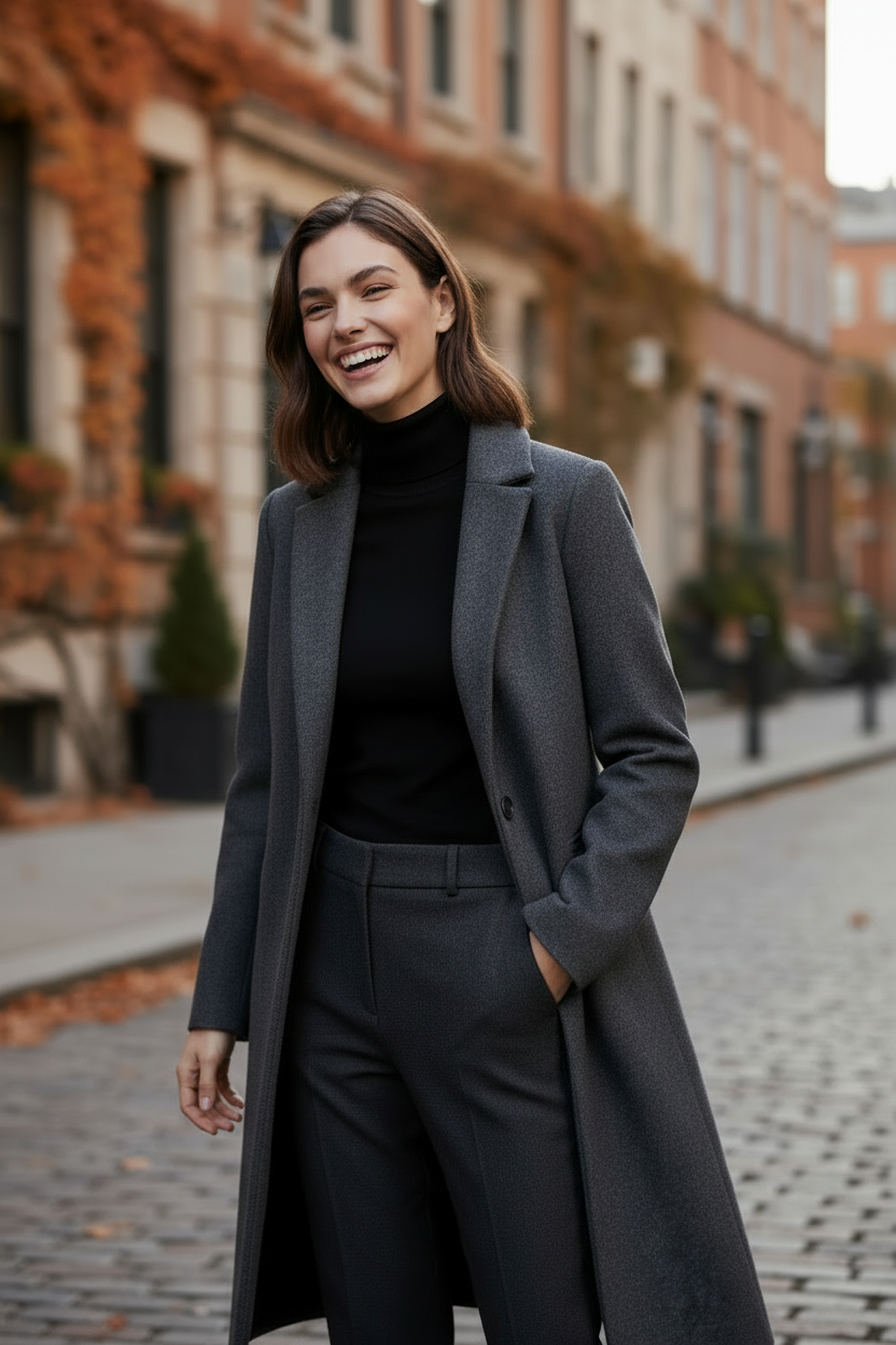 A woman stands on a cobblestone street wearing a long charcoal gray coat over a black turtleneck and matching dark trousers, with blurred brick buildings and autumn foliage in the background.