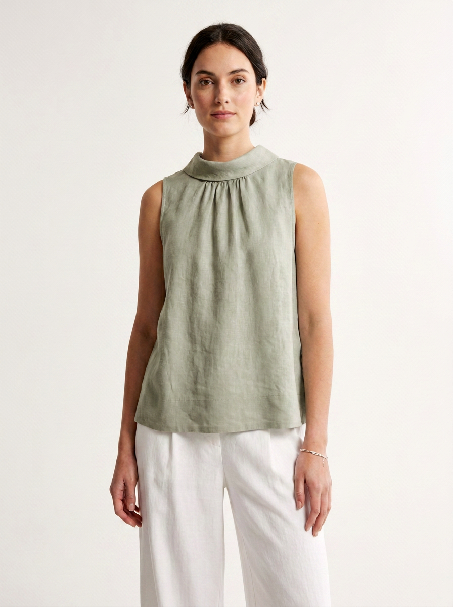 Vintage-Inspired 100% Linen Sleeveless Top with Stand Collar in Natural Linen