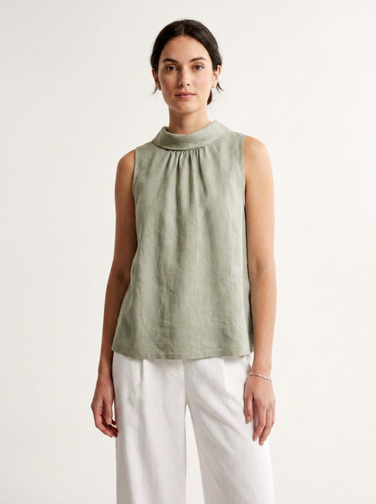 Vintage-Inspired 100% Linen Sleeveless Top with Stand Collar in Natural Linen
