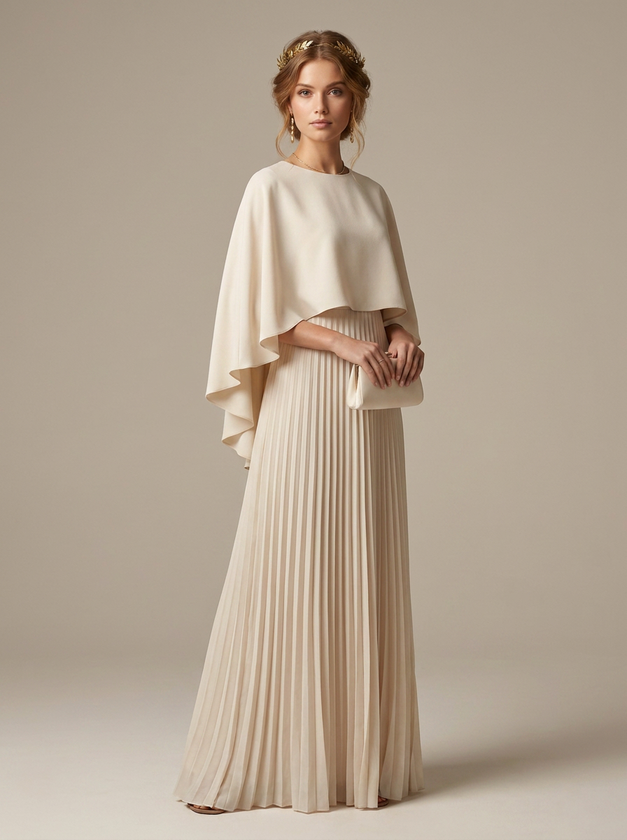 A woman models a floor-length cream gown with a draped cape-style bodice and a pleated skirt, standing against a plain warm beige studio background.