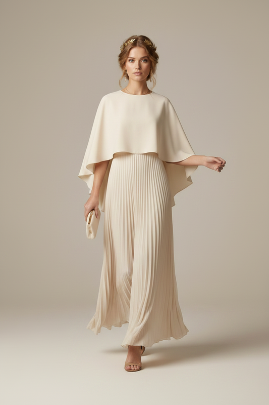 A woman models a floor-length cream gown with a draped cape-style bodice and a pleated skirt, standing against a plain warm beige studio background.