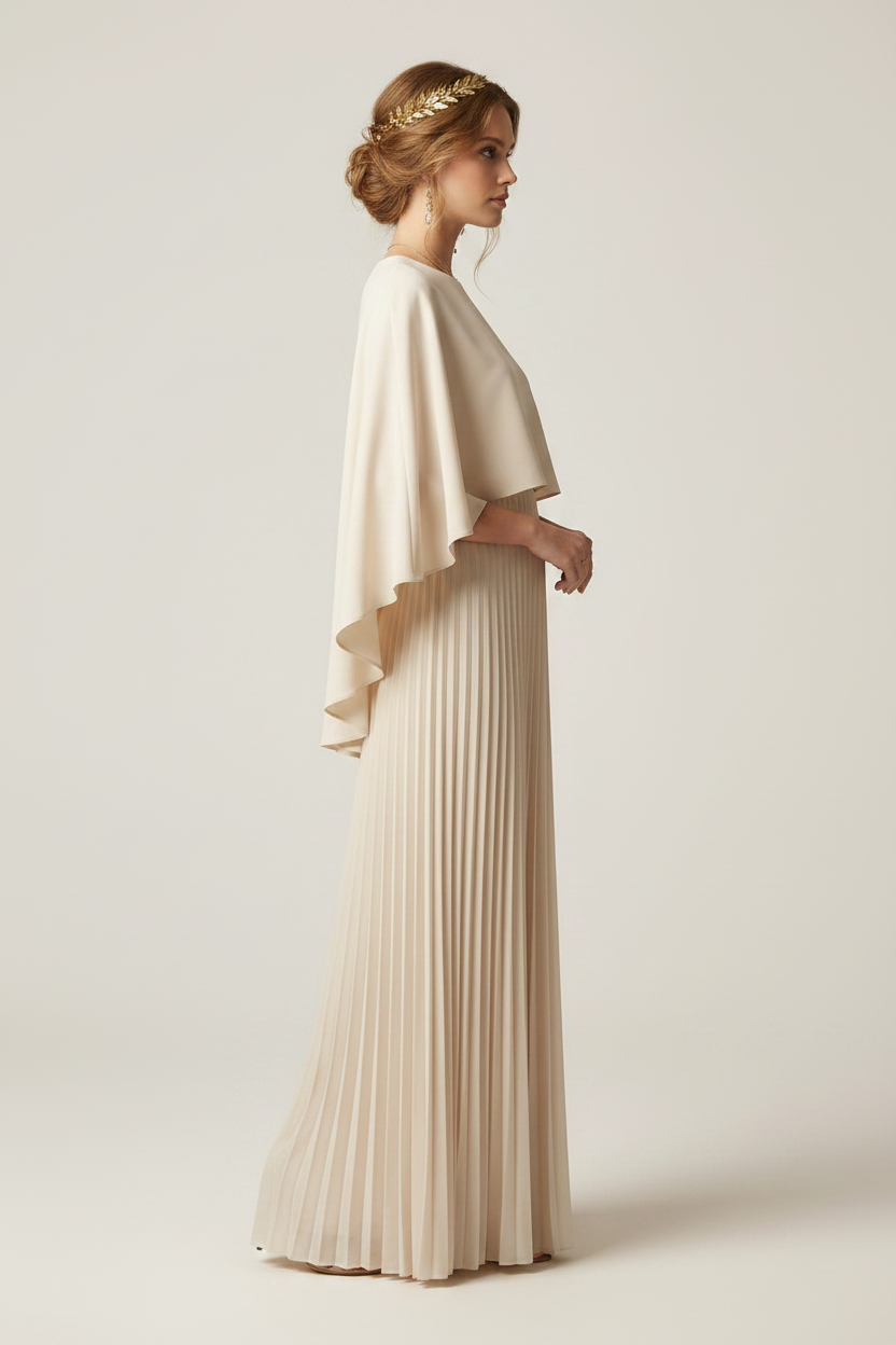 A woman models a floor-length cream gown with a draped cape-style bodice and a pleated skirt, standing against a plain warm beige studio background.