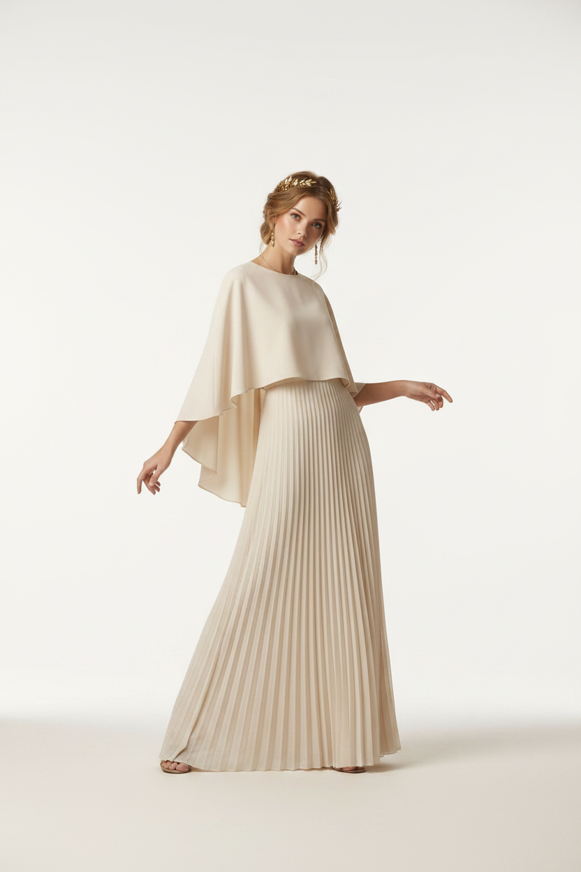 A woman models a floor-length cream gown with a draped cape-style bodice and a pleated skirt, standing against a plain warm beige studio background.