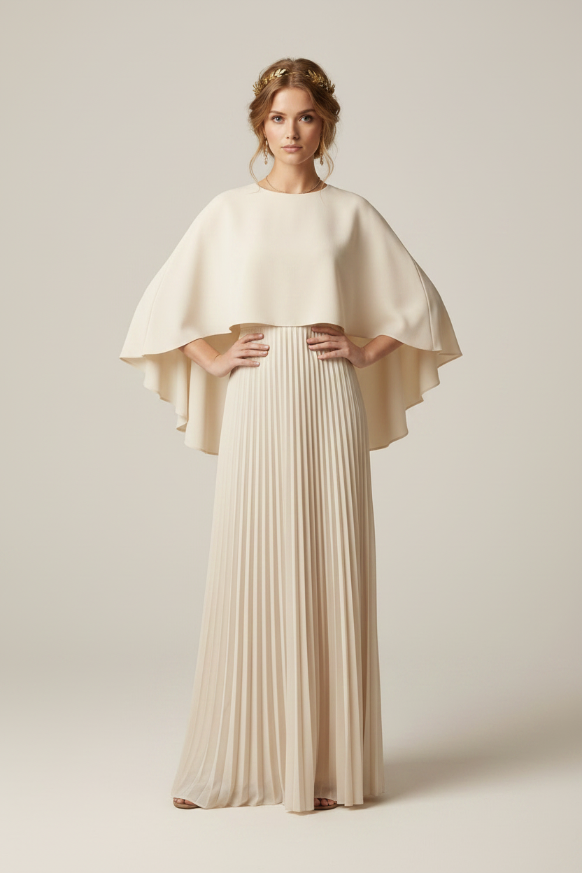A woman models a floor-length cream gown with a draped cape-style bodice and a pleated skirt, standing against a plain warm beige studio background.