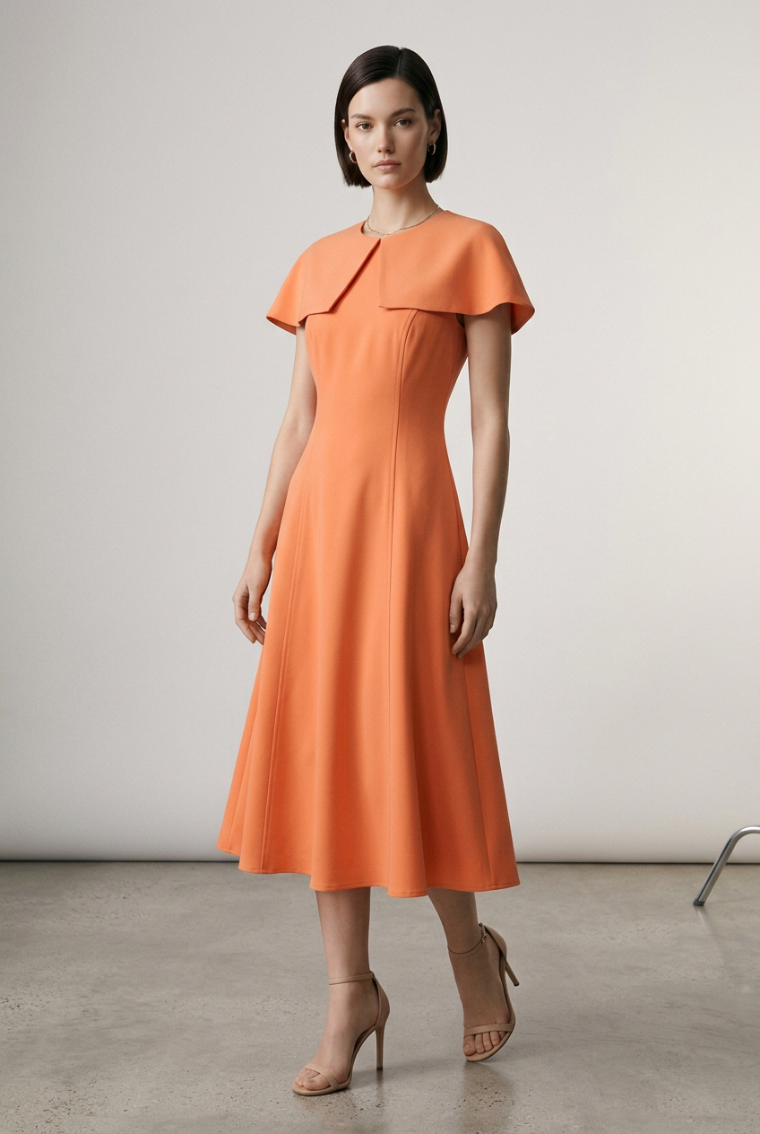 A woman modeling a bright orange midi dress with short flutter sleeves and a structured, draped collar, standing against a neutral light gray studio background.