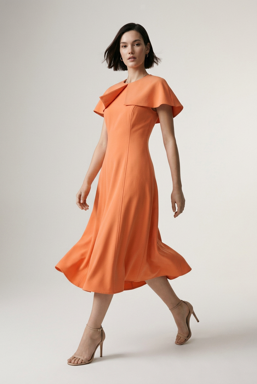 A woman modeling a bright orange midi dress with short flutter sleeves and a structured, draped collar, standing against a neutral light gray studio background.