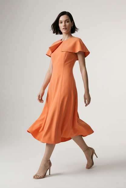 A woman modeling a bright orange midi dress with short flutter sleeves and a structured, draped collar, standing against a neutral light gray studio background.