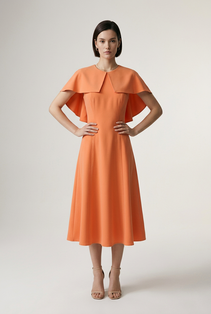A woman modeling a bright orange midi dress with short flutter sleeves and a structured, draped collar, standing against a neutral light gray studio background.