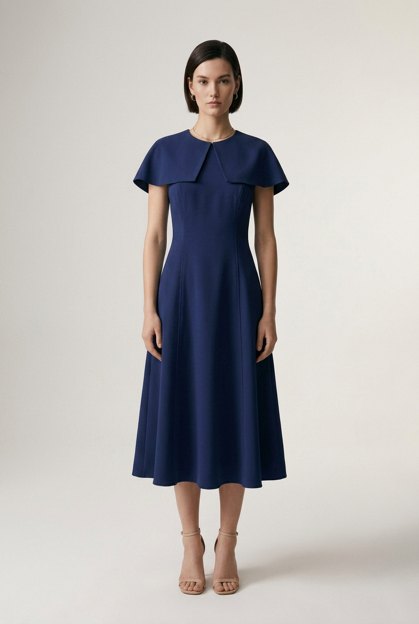 Elegant Capelet Sleeve A-Line Midi Dress for Work and Occasions in Navy, studio shot