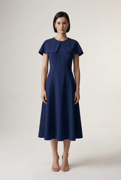 Elegant Capelet Sleeve A-Line Midi Dress for Work and Occasions in Navy, studio shot