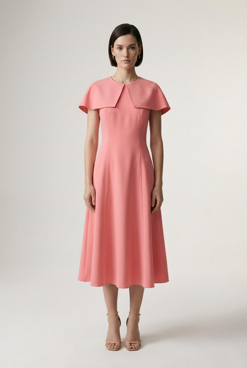 Elegant Capelet Sleeve A-Line Midi Dress for Work and Occasions in Pink, studio shot