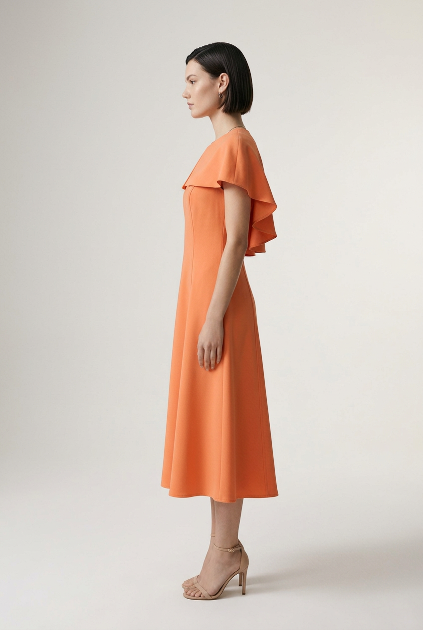 A woman modeling a bright orange midi dress with short flutter sleeves and a structured, draped collar, standing against a neutral light gray studio background.