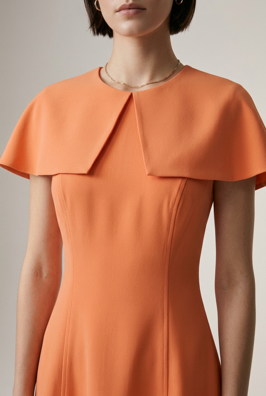 A woman modeling a bright orange midi dress with short flutter sleeves and a structured, draped collar, standing against a neutral light gray studio background.