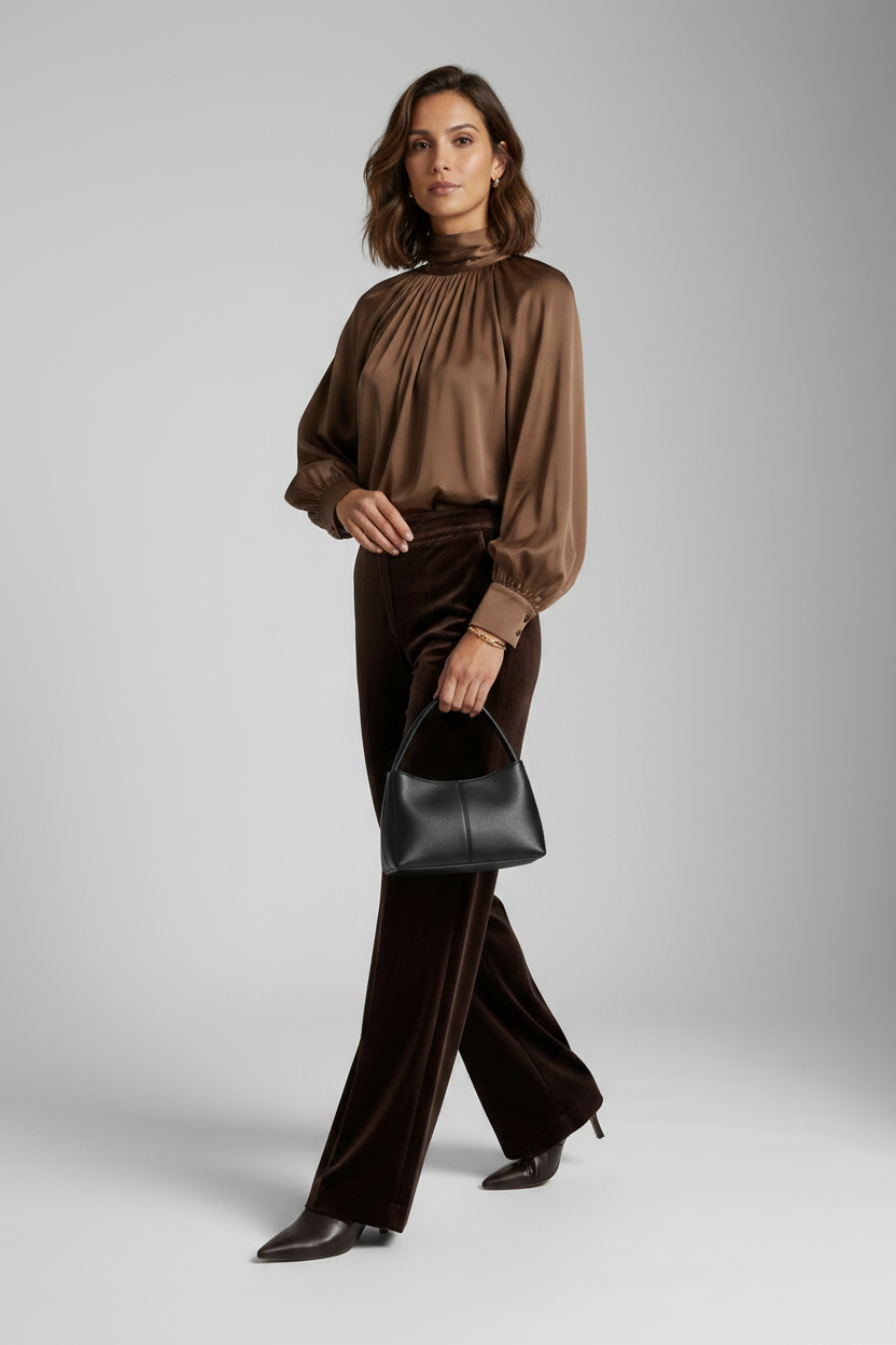 A model is shown in a studio setting wearing a brown satin long-sleeve blouse, dark brown velvet wide-leg trousers, and holding a black leather handbag.