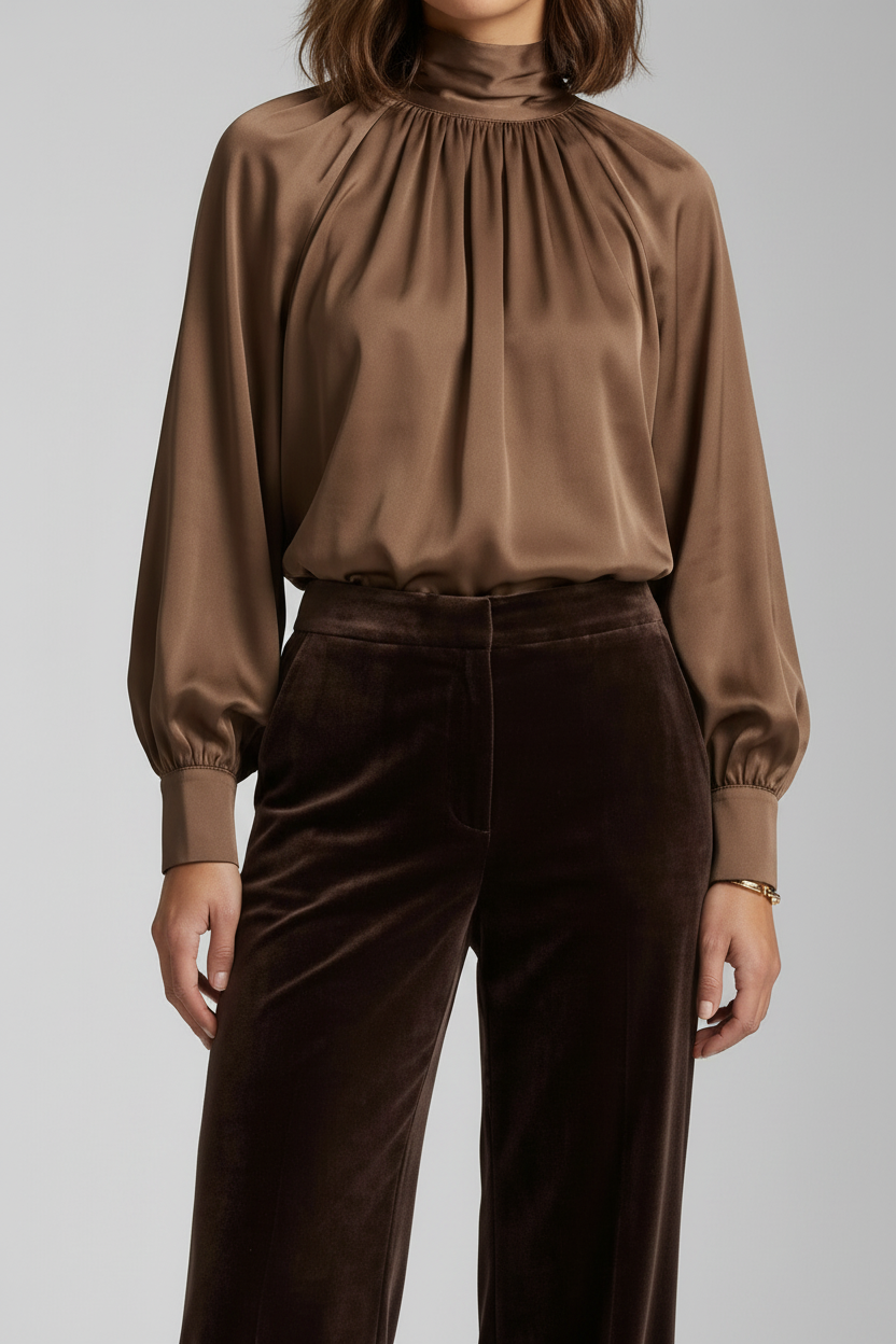 A model wearing a brown satin long-sleeve blouse with a high gathered neckline and dark brown velvet trousers, shot against a solid gray studio background.