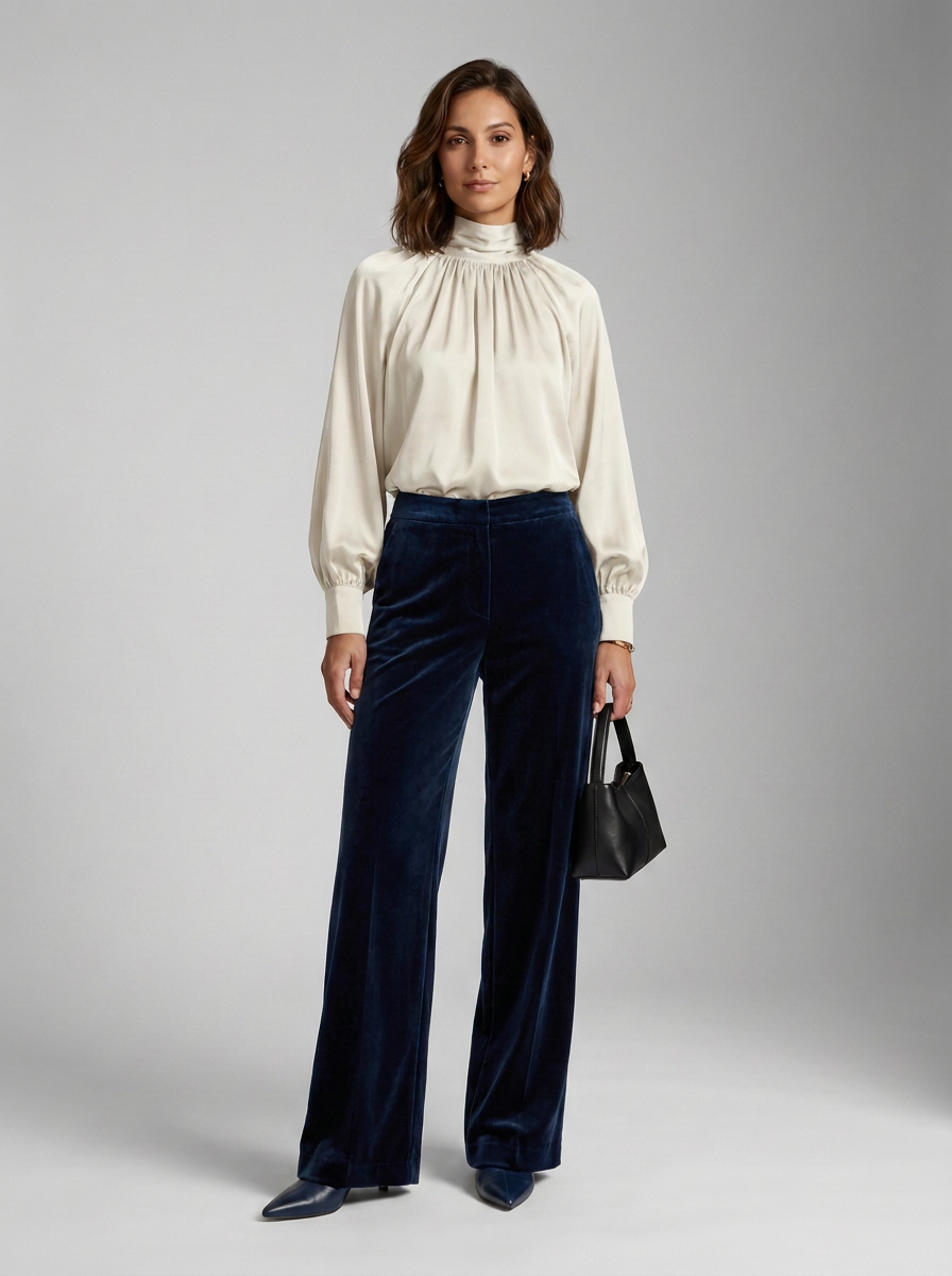 A woman stands against a light gray studio background wearing a cream high-neck long-sleeve blouse and dark navy wide-leg velvet trousers, holding a small black handbag.