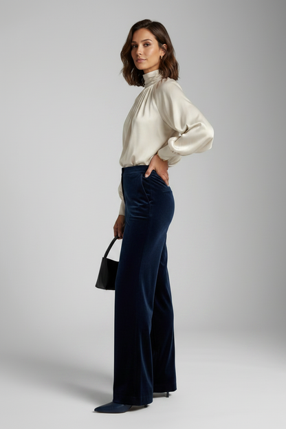 A woman models a high-neck cream satin blouse and dark navy wide-leg velvet trousers, standing in profile against a neutral gray studio background.