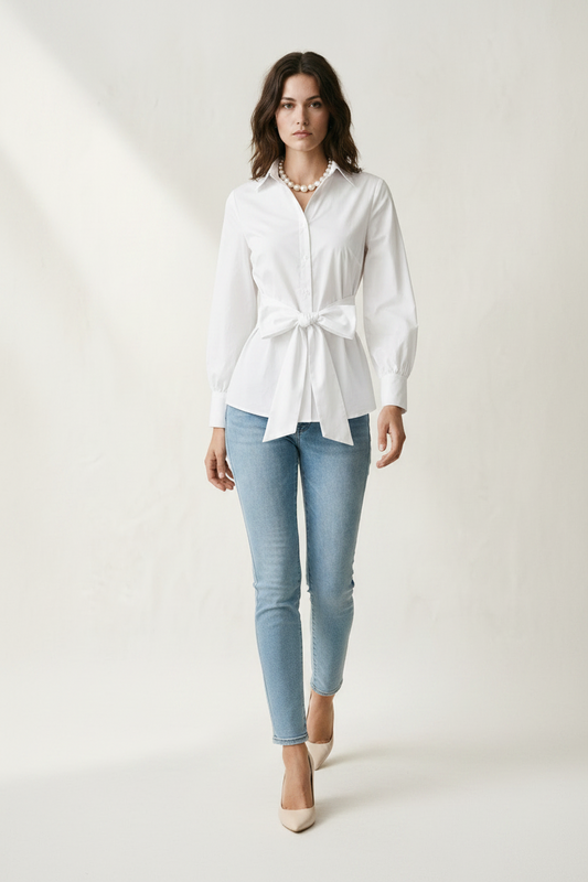 A woman modeling a white long-sleeve button-up shirt with a tie waist, paired with light blue jeans and a pearl necklace, against a warm off-white textured background.