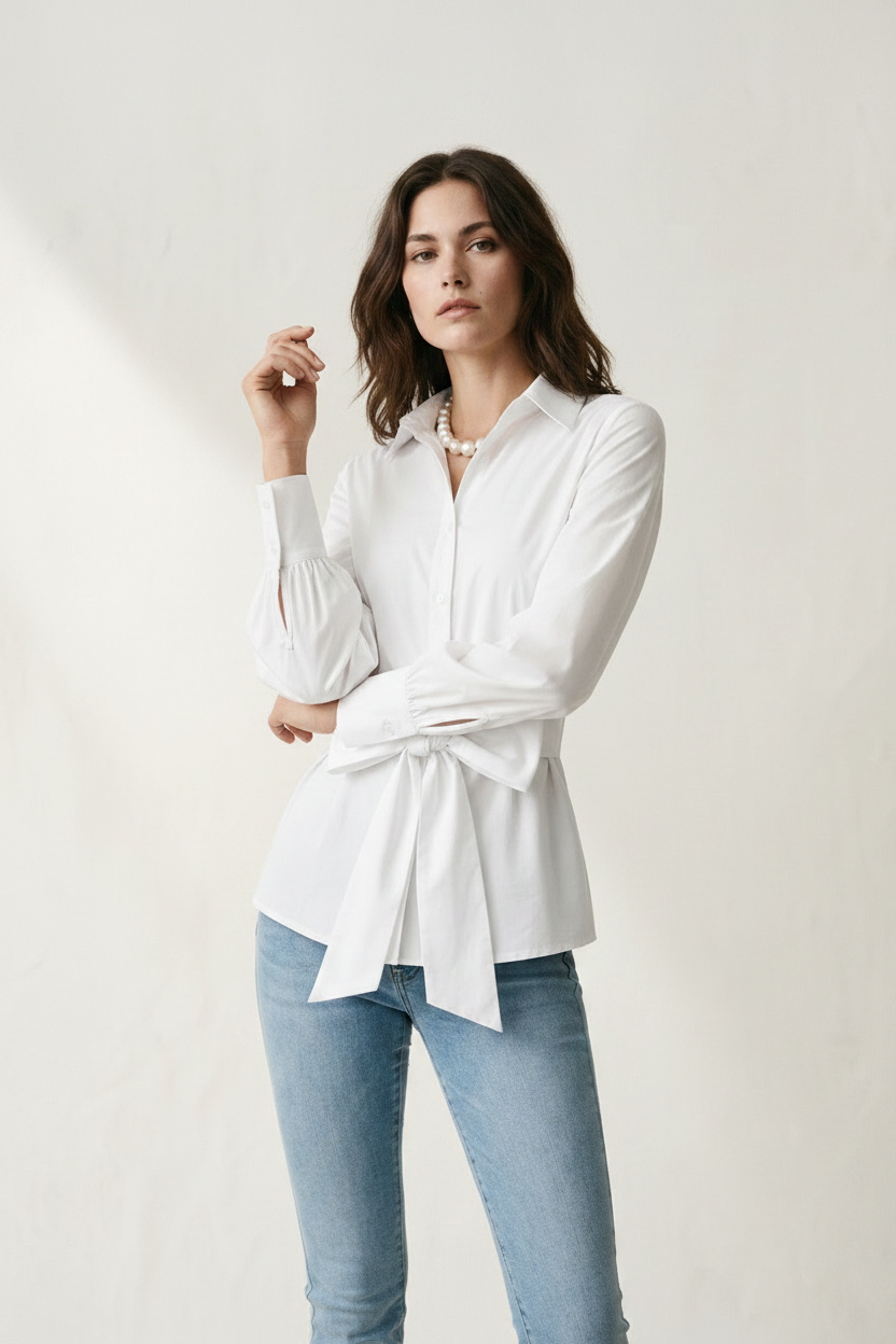 A woman modeling a white long-sleeve button-up shirt with a tie waist, paired with light blue jeans and a pearl necklace, against a warm off-white textured background.