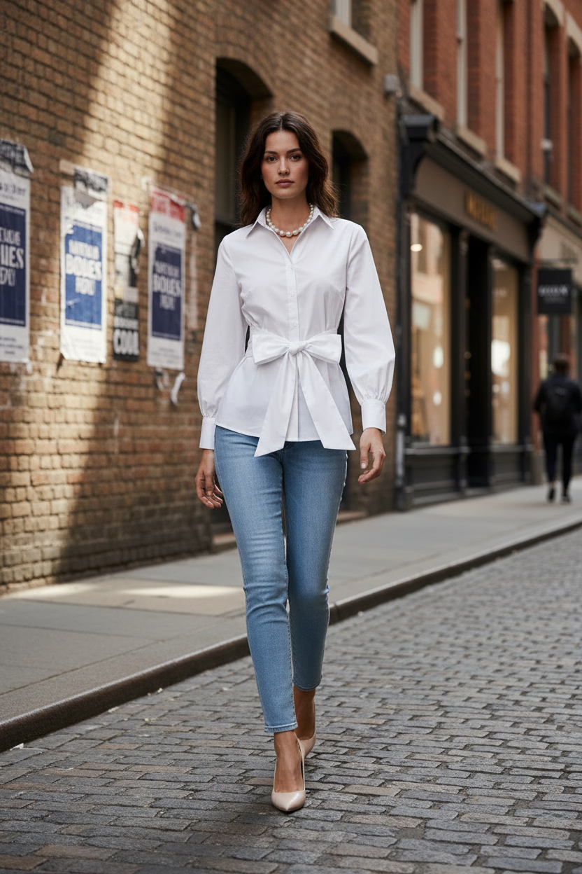 A woman modeling a white long-sleeve button-up shirt with a tie waist, paired with light blue skinny jeans and beige heels, against a warm off-white studio background.