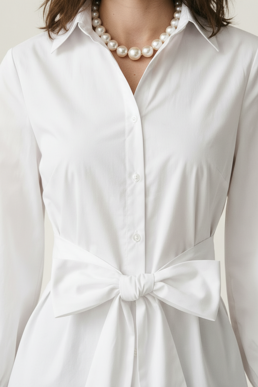 A woman modeling a white long-sleeve button-up shirt with a tie waist, paired with light blue jeans and a pearl necklace, against a warm off-white textured background.