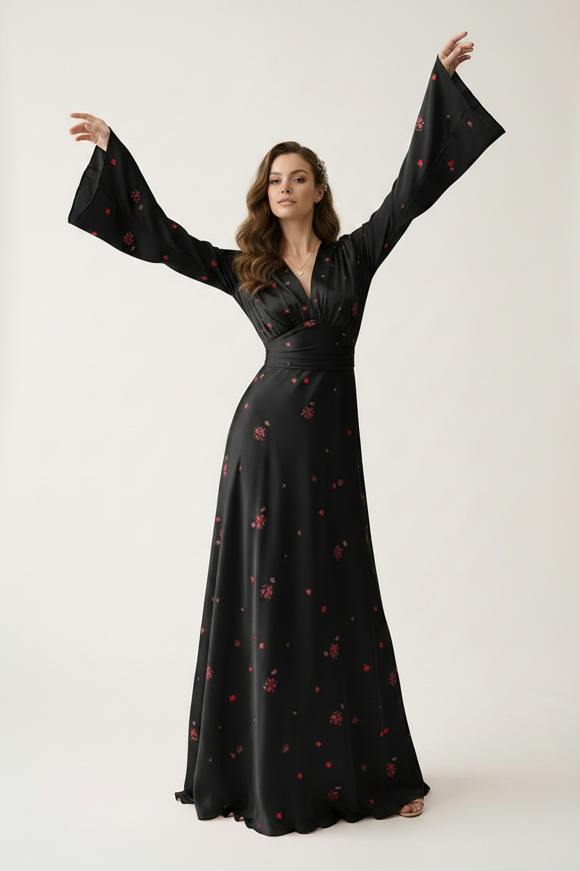 A woman modeling a long black satin-like gown with red floral embroidery, featuring dramatic bell sleeves and a V-neckline, posed with her arms raised against a plain light background.