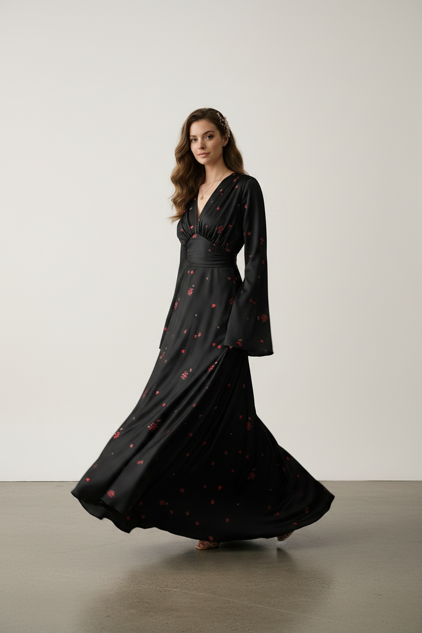A woman modeling a long black satin-like maxi dress with a red floral print, featuring a wrap-style V-neckline, long flared sleeves, and a matching waistband, photographed against a plain light studio background.